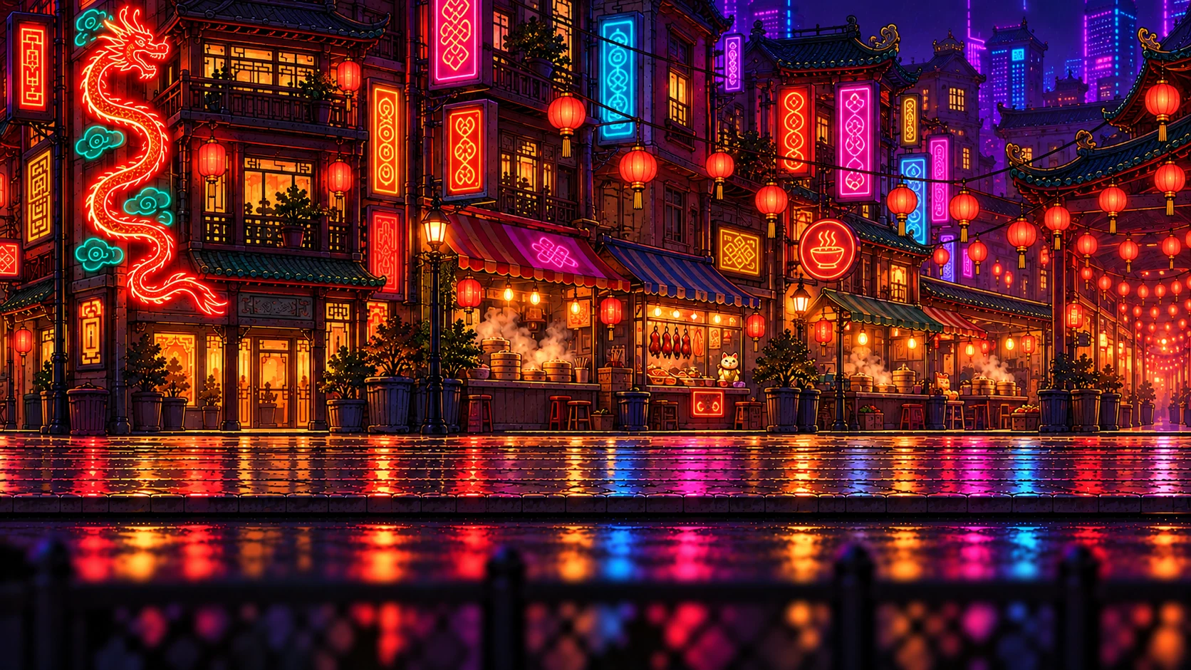 Calle de farolitos del barrio chino de noche